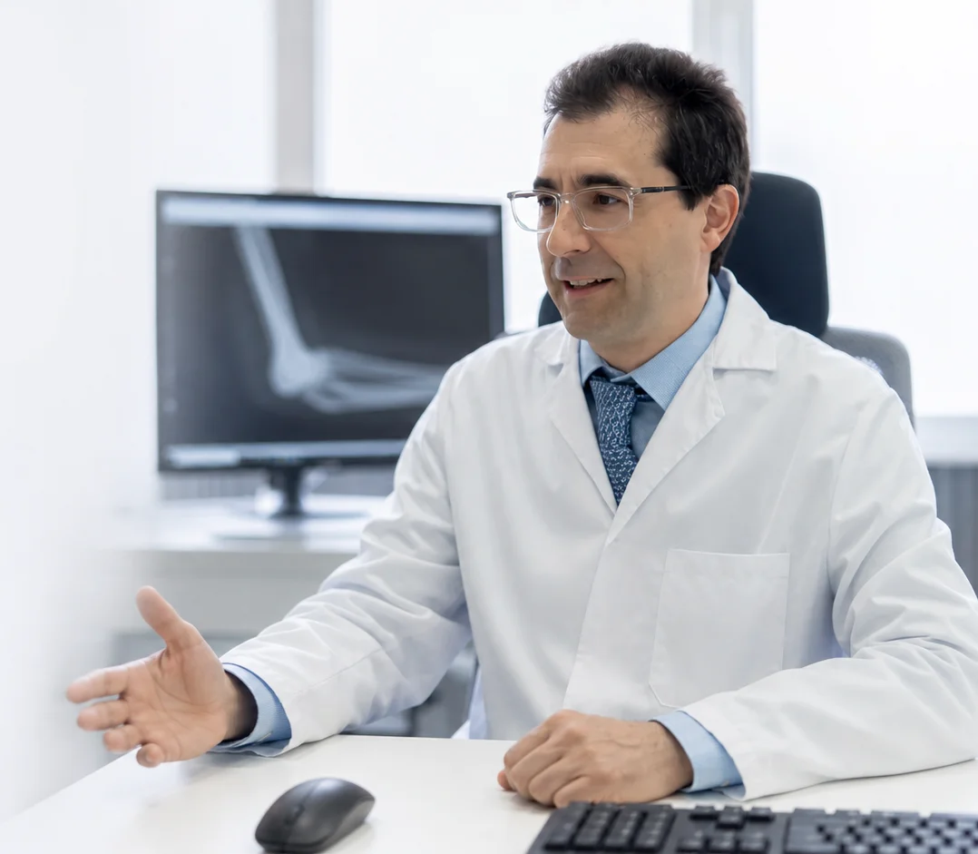 El Dr. Foruria durante una consulta de valoración de la rigidez de codo